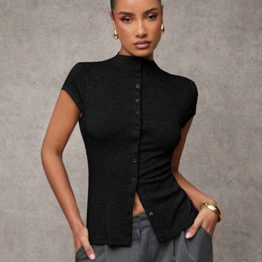 Women's Solid Color Mock Neck Top Capped Sleeve Single-Breasted Casual Women Top